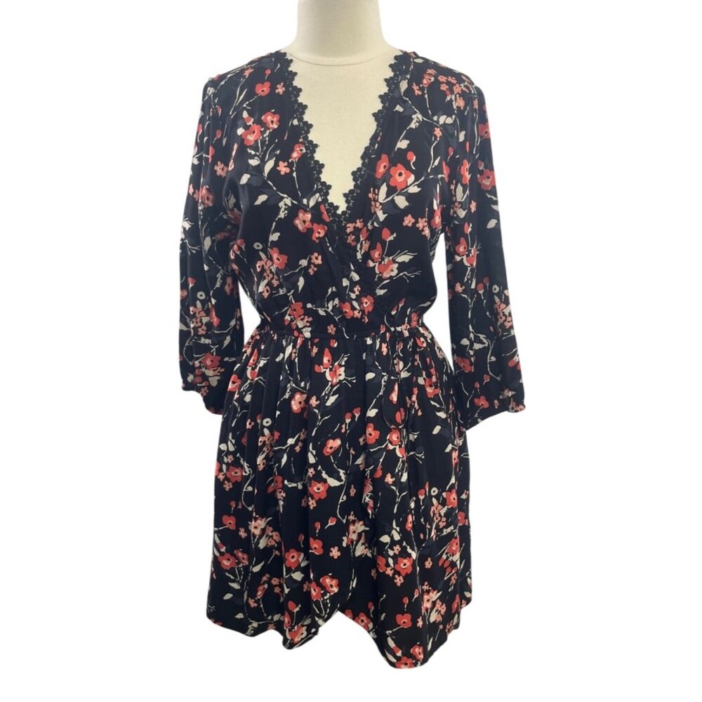 Band Of Gypsies Lace Trimmed Long Sleeve Dress Large Black Floral